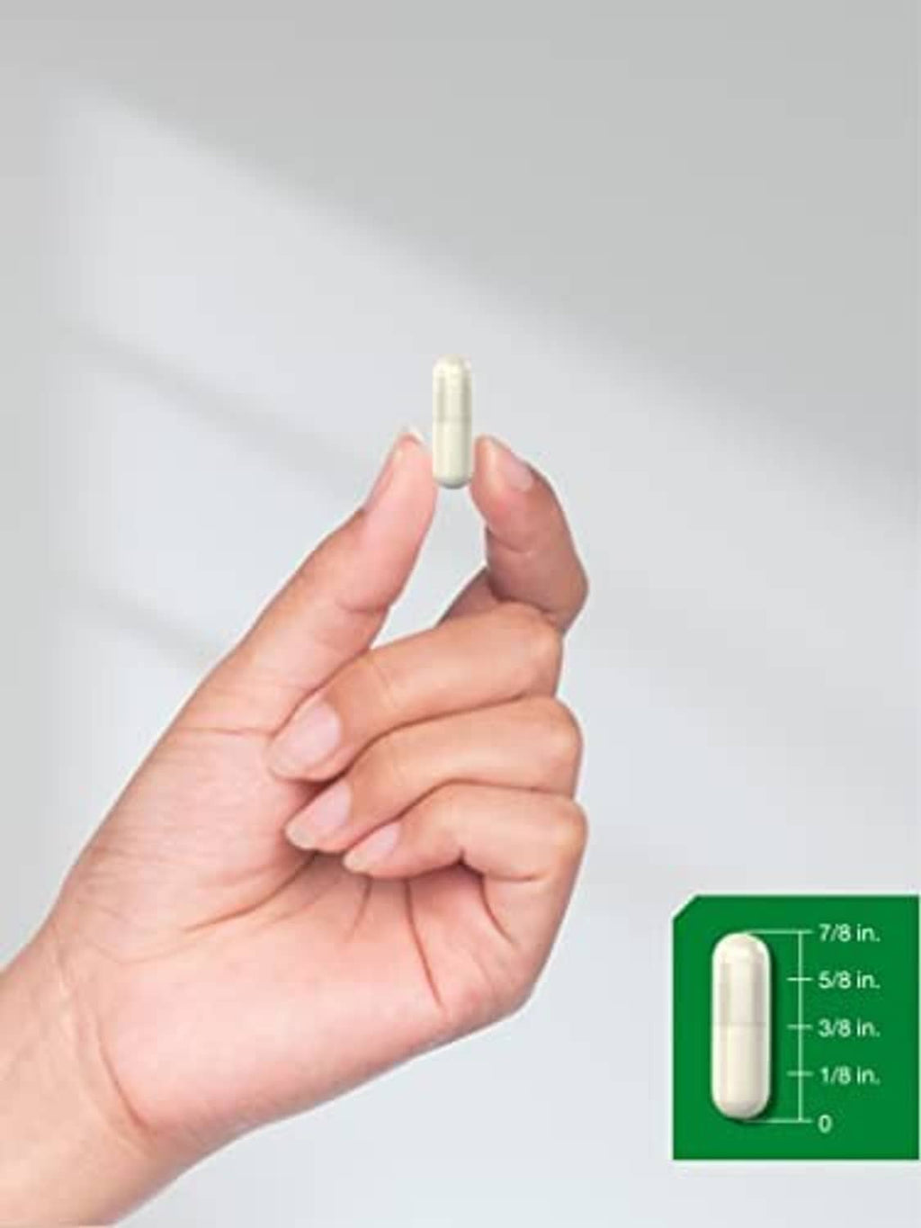 Mastic gum capsule size shown with hand, plus green capsule container graphic