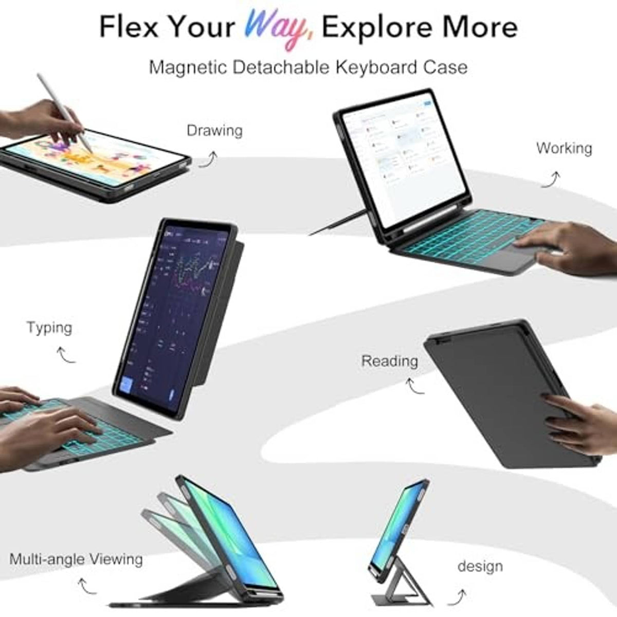 Black detachable magnetic tablet keyboard case showing multiple viewing and typing angles