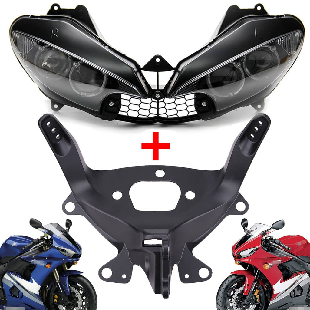 Black motorcycle headlight cowl with upper fairing stay bracket and mounting hardware