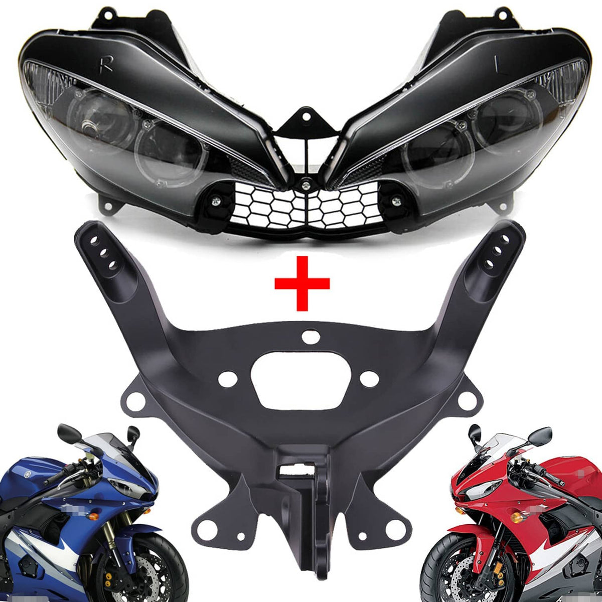 Black motorcycle headlight cowl with upper fairing stay bracket and mounting hardware
