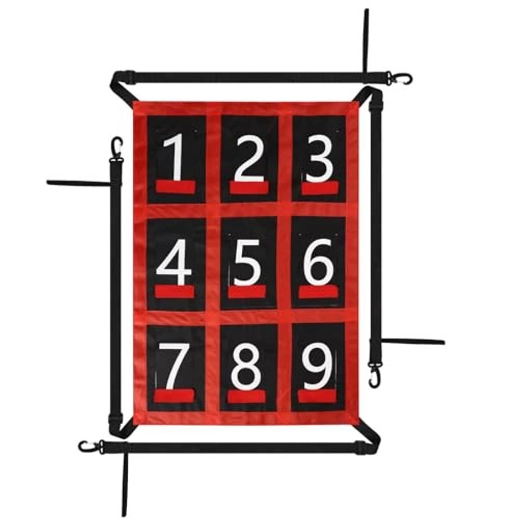 Baseball strike zone target net with red-and-black 1–9 target grid and corner loops