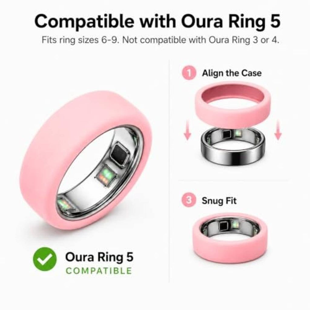Pink silicone Oura Ring 5 case with ring, clear sensor window