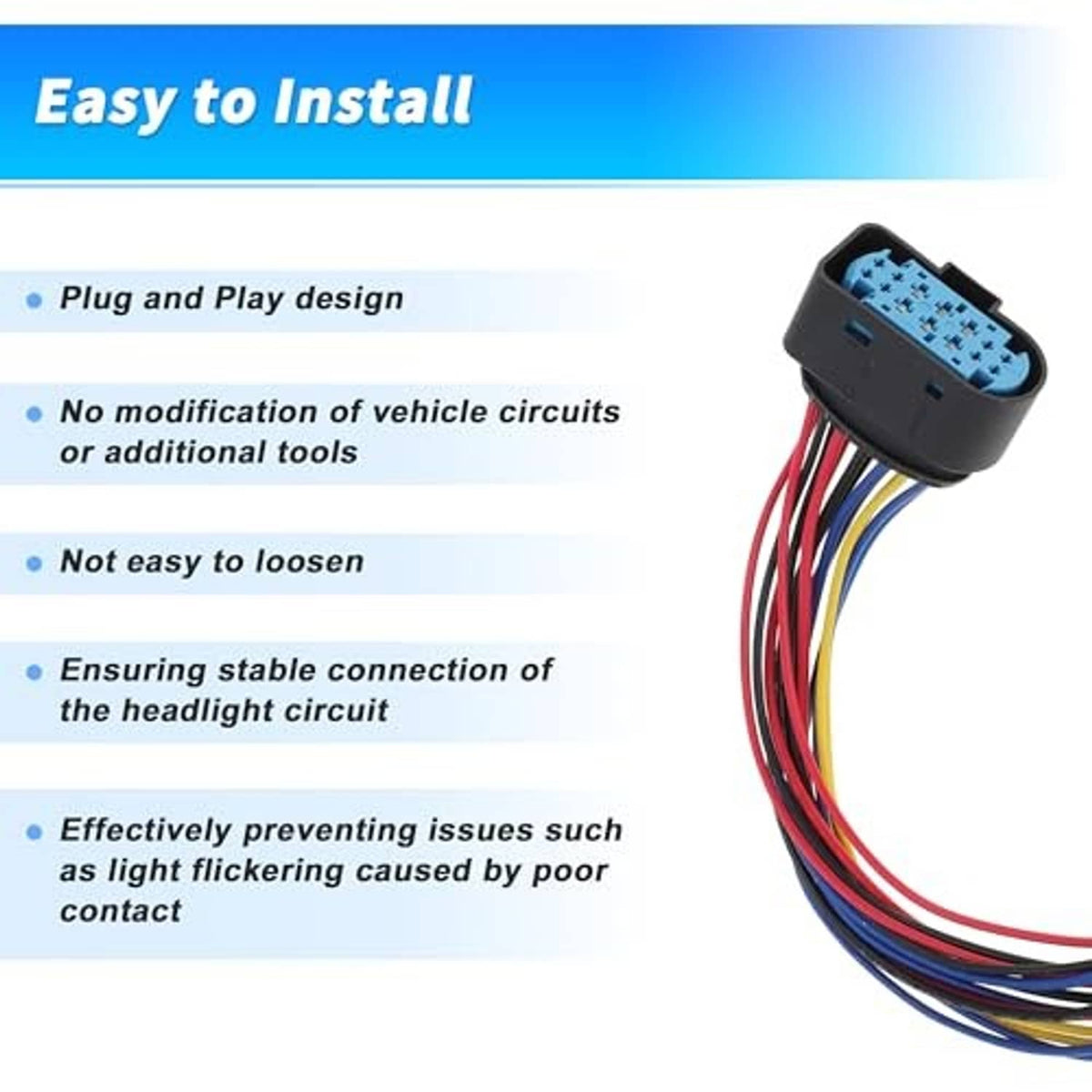 14-pin headlight connector pigtail plug with blue socket and red, blue, and black wire leads
