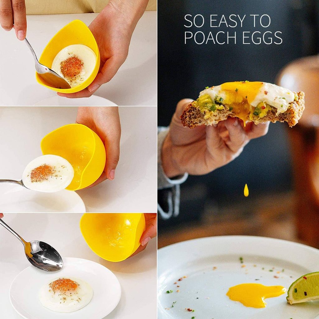 Yellow silicone egg poacher cup in hand and poached egg on a plate