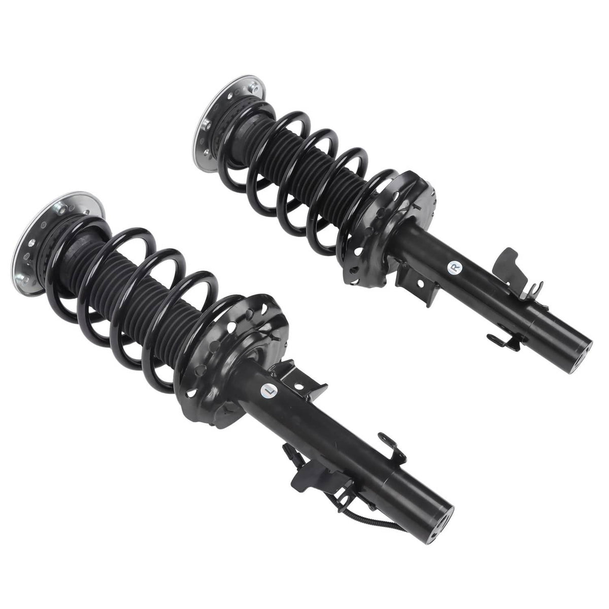 Pair of front shock struts with black coil springs and black shock tubes, side view