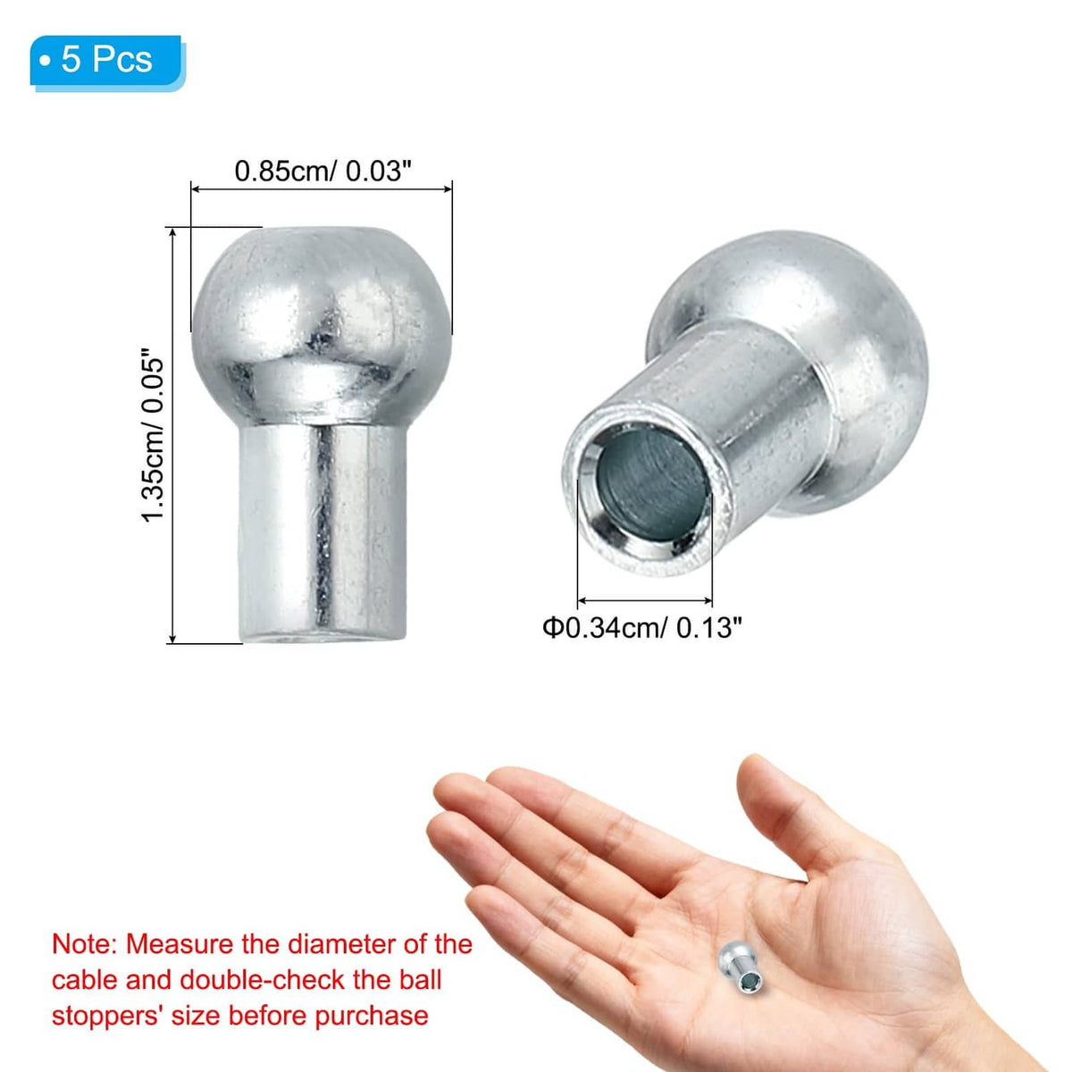 Silver metal cable ball stopper for 5mm cable, round end cap