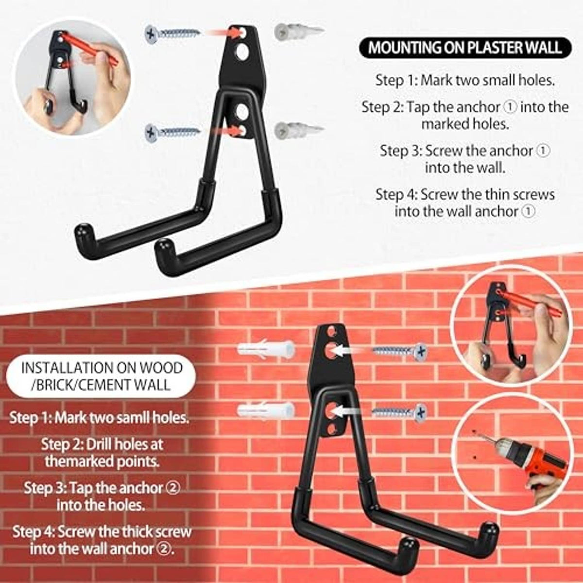 Black garage wall hook set for mounting with screws and anchors on walls