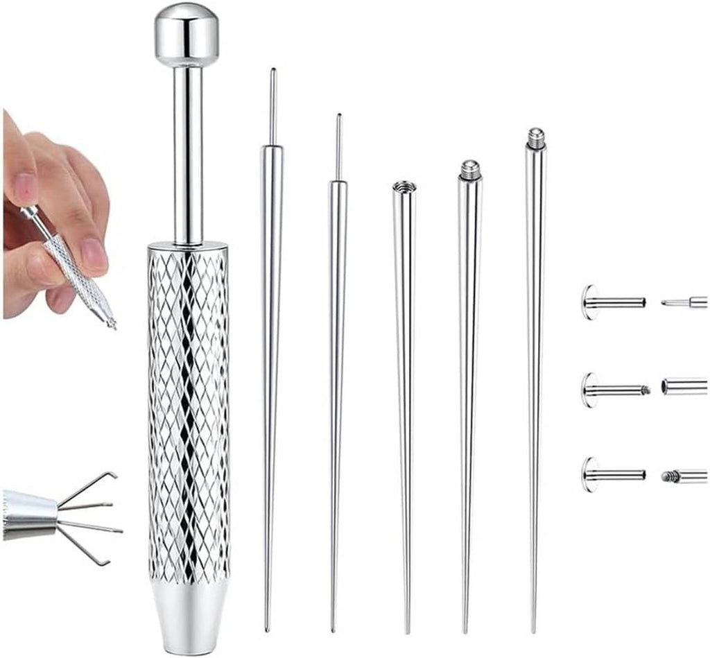 Body piercing ball grabber tool set with handle, tapers, and small ball grabbers