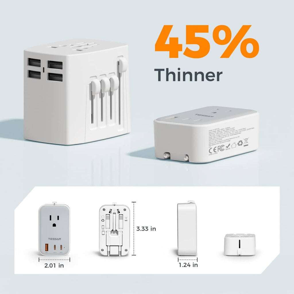 Ultra-thin white travel adapter with compact folded connector design