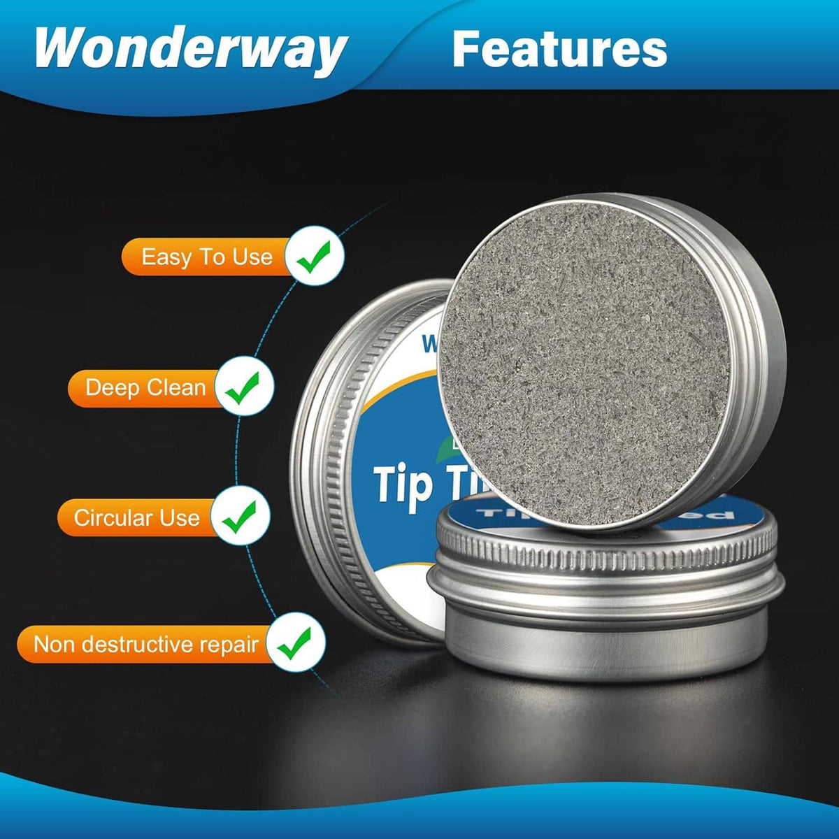 Round solder tip tin with gray abrasive pad and blue lead-free Tip Tinned label