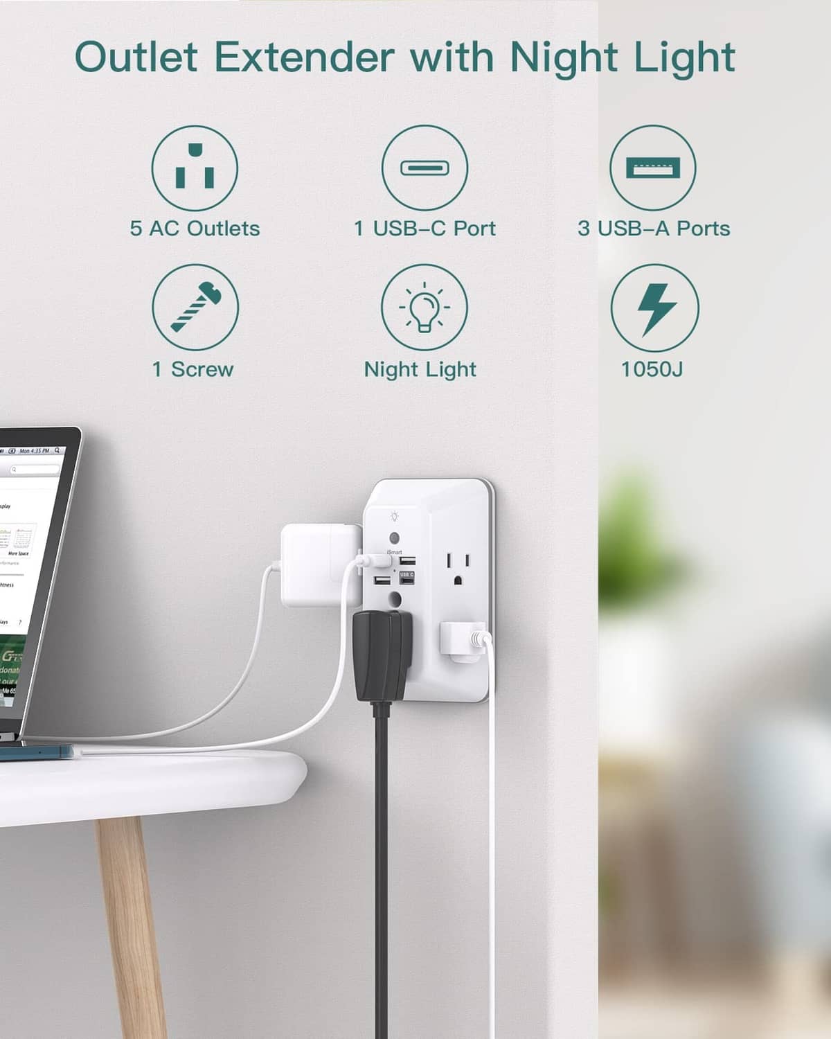 White outlet extender with night light, showing USB-C and USB-A ports