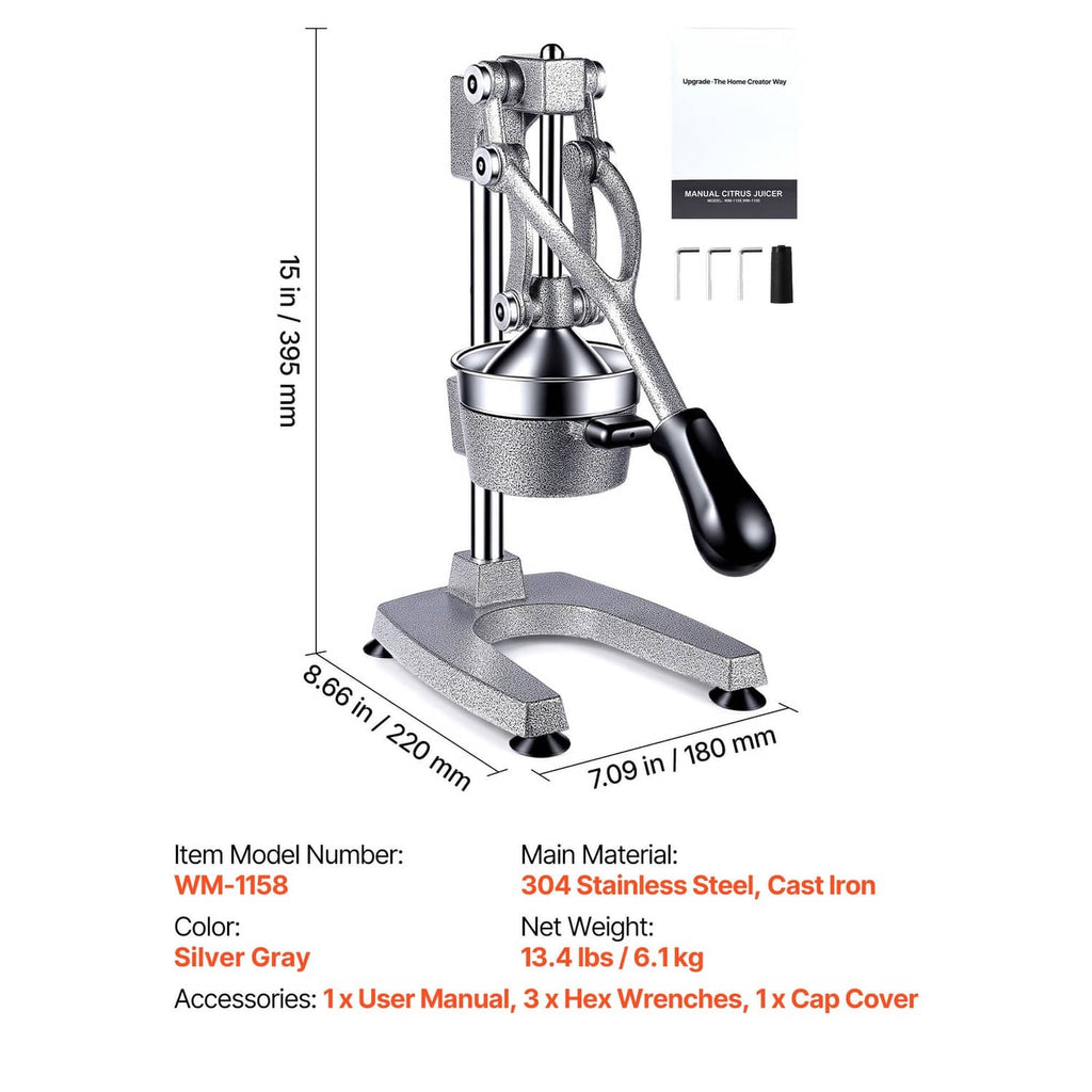 Tall manual citrus juicer press with lever handle and stable foot, silver gray metal