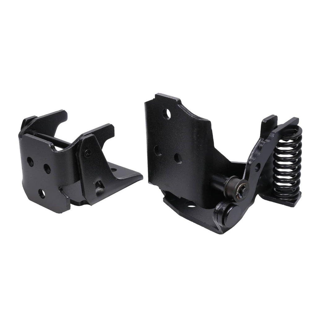 Black door hinge hardware with coil spring and mounting holes, angled brackets.