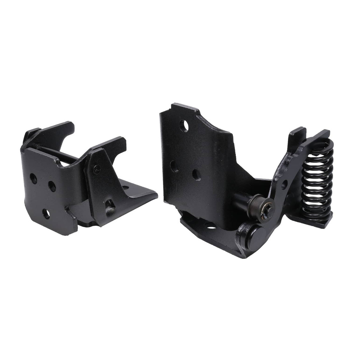 Black door hinge hardware with coil spring and mounting holes, angled brackets.