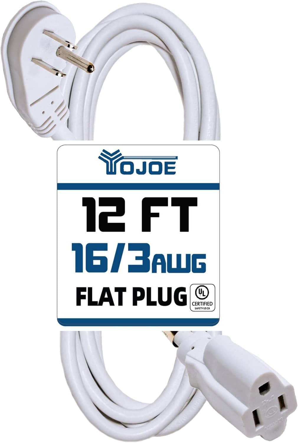 White flat plug indoor extension cord with two-prong plug and grounded outlet end.