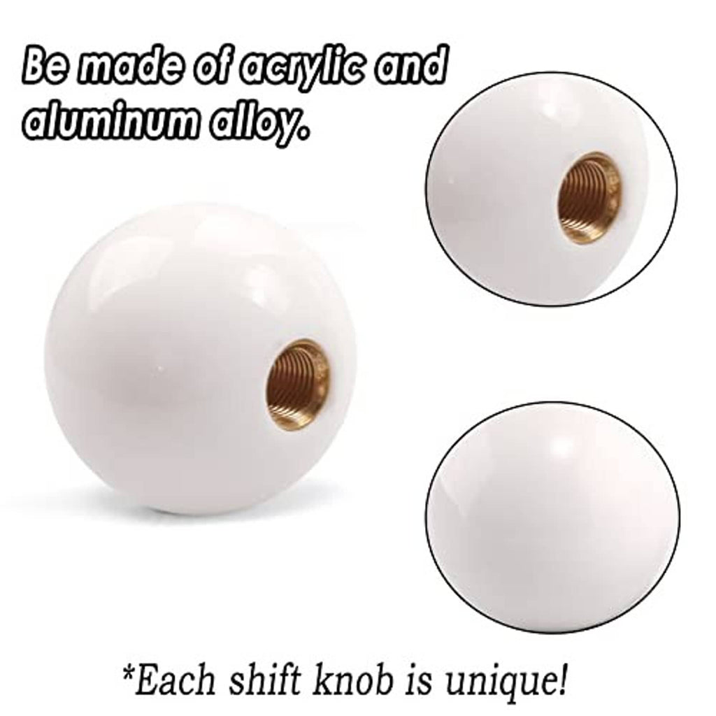 White acrylic round ball shift knob with brass insert and smooth spherical surface