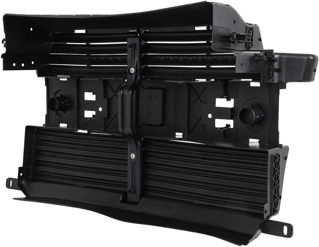 Active grille shutter assembly with motor, black plastic housing and slatted grille