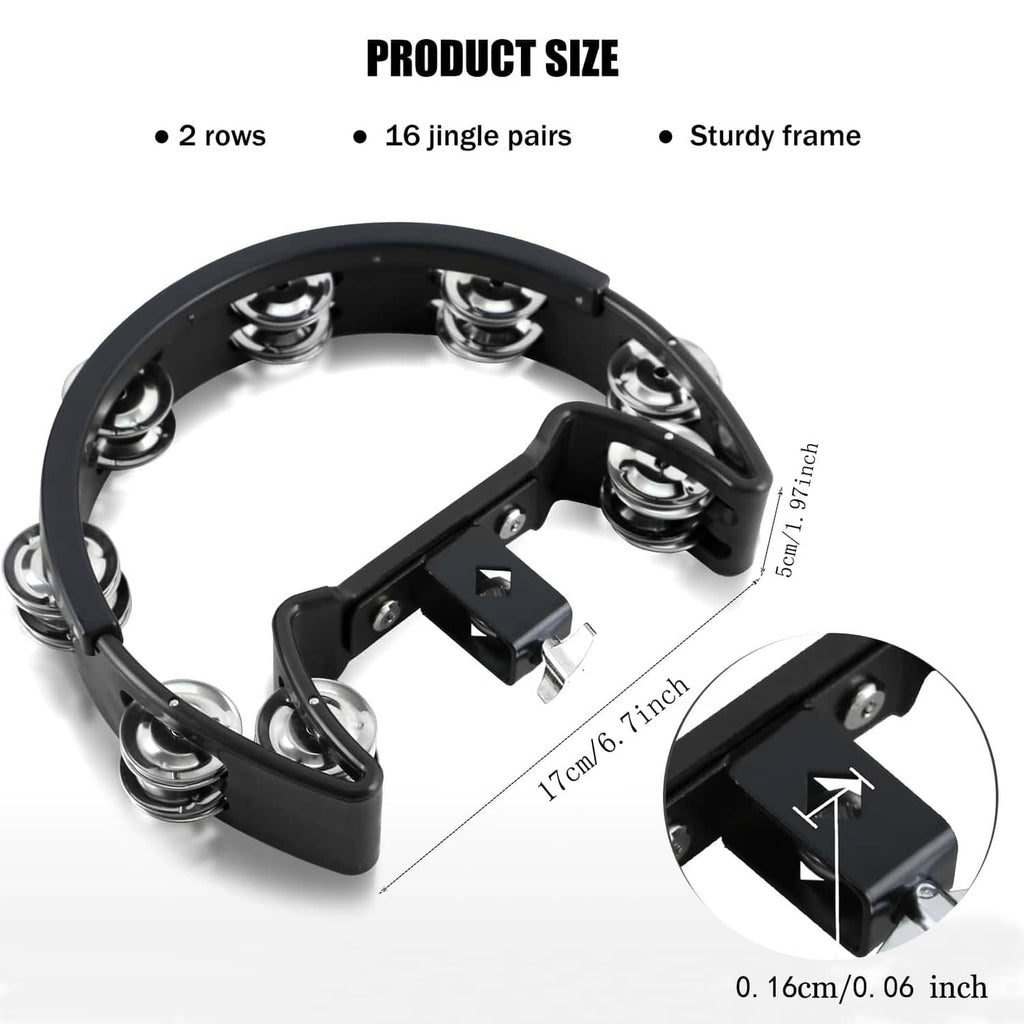 Black tambourine with chrome jingles and mounting bracket