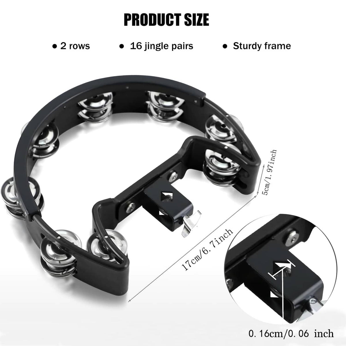 Black tambourine with chrome jingles and mounting bracket