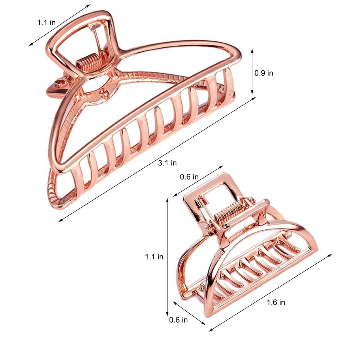 Copper triangle metal hair claw clip shown with measurements and detail