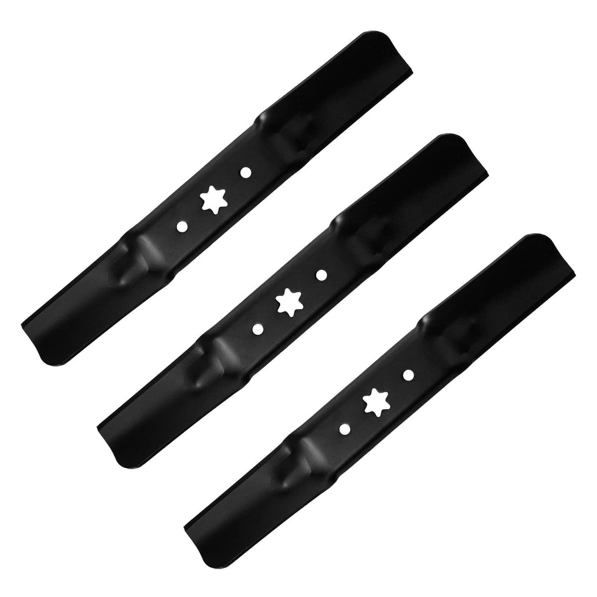 Set of three black lawn mower replacement blades with star center holes