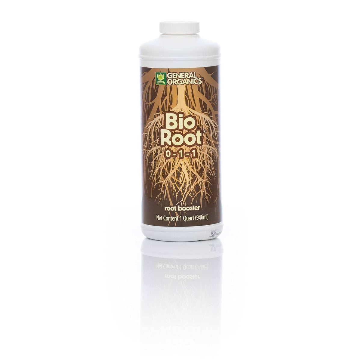 General Organics BioRoot plant food bottle, white with brown root graphic label