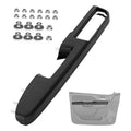 Black front driver side armrest panel with mounting hardware and screws