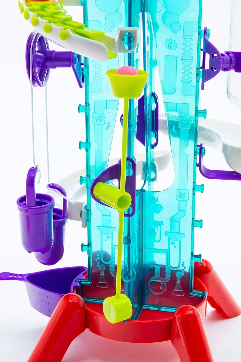 Clear teal gumball machine with purple funnel, lime supports, and multicolor parts.