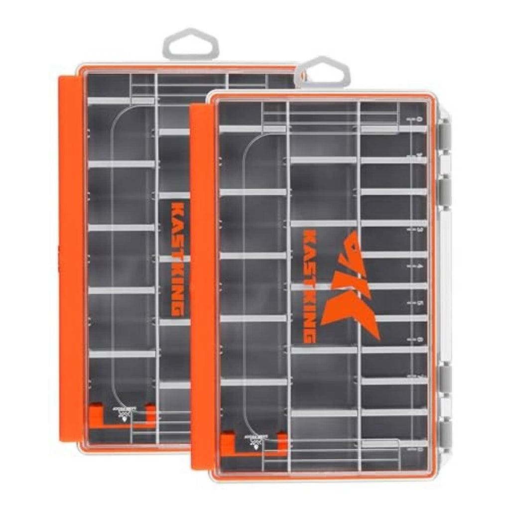 Orange waterproof tackle box set with two open clear lids and gray grid-style compartments