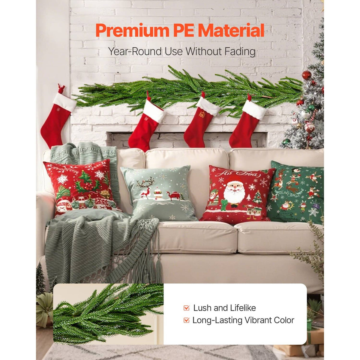 Artificial green Christmas garland with long faux pine branches