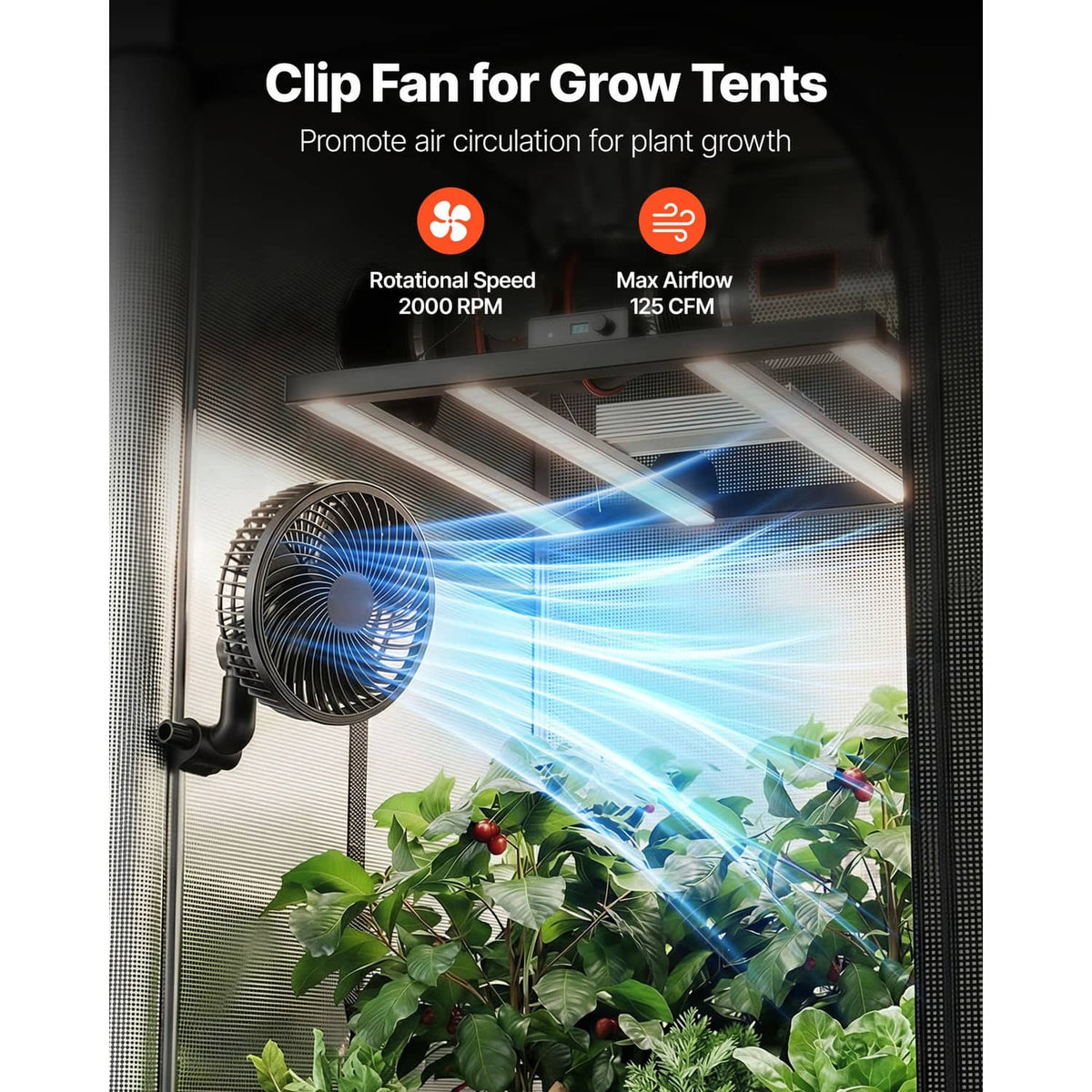 Black clip-on fan blowing airflow into a grow tent enclosure