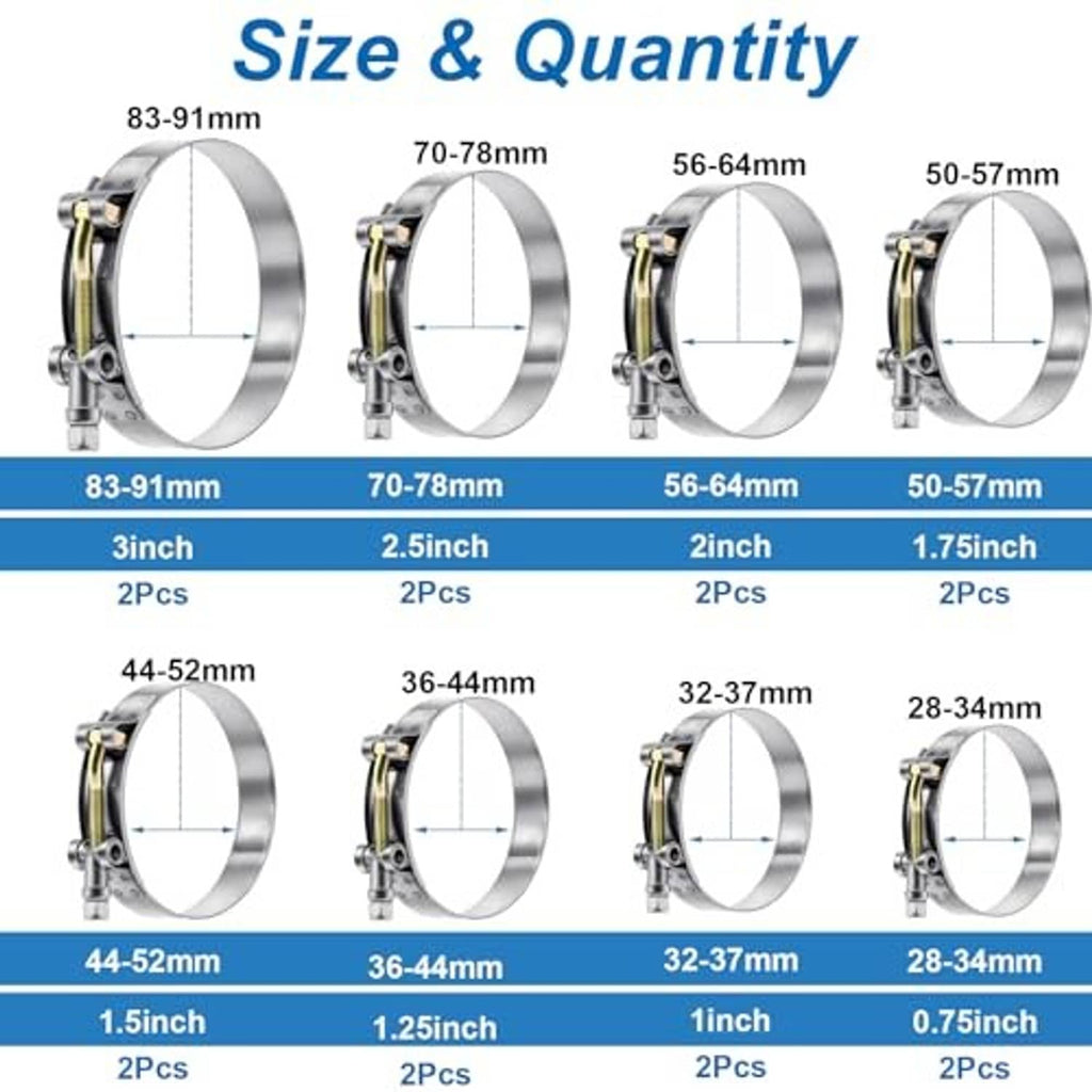Assorted stainless steel T-bolt hose clamps in multiple diameters