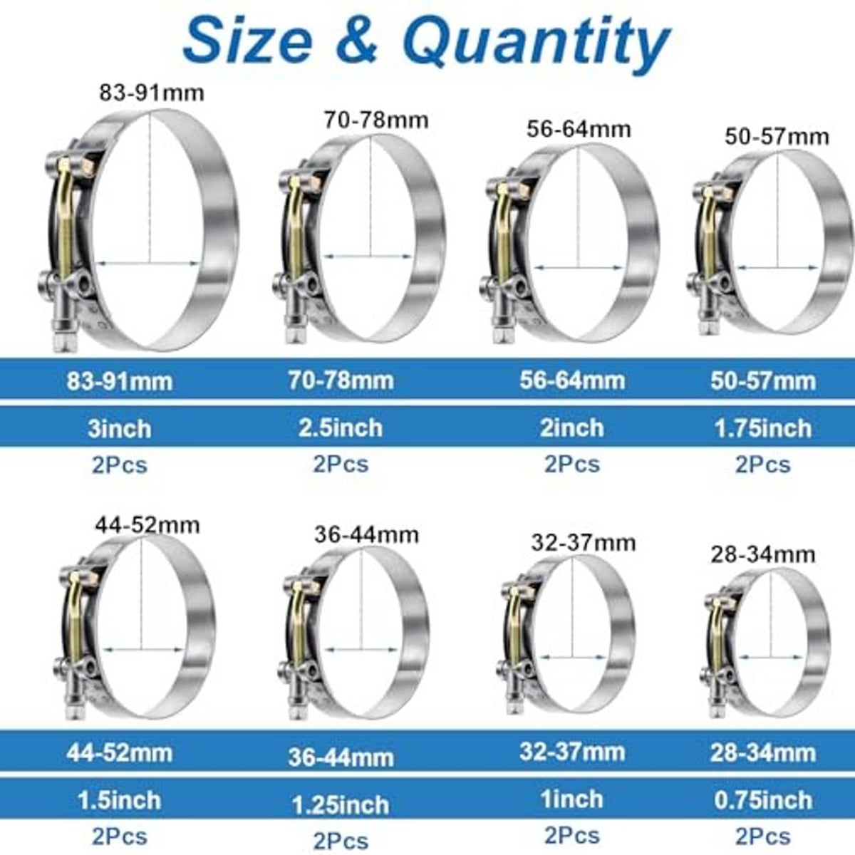 Assorted stainless steel T-bolt hose clamps in multiple diameters