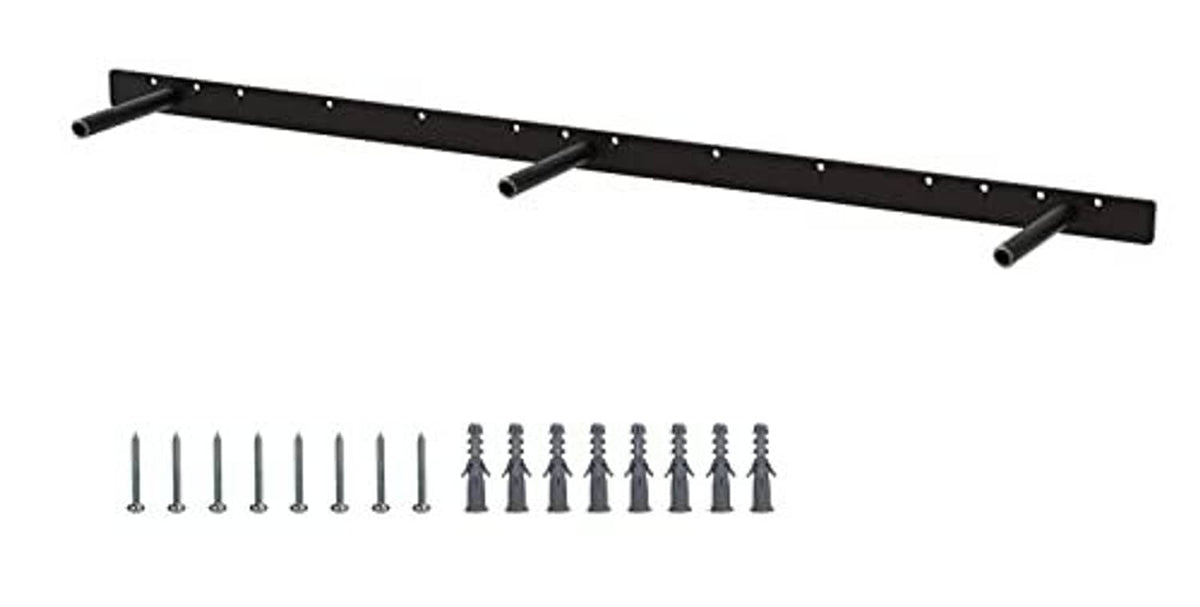 Black hidden floating shelf bracket with mounting arms and screws, heavy-duty wall mount