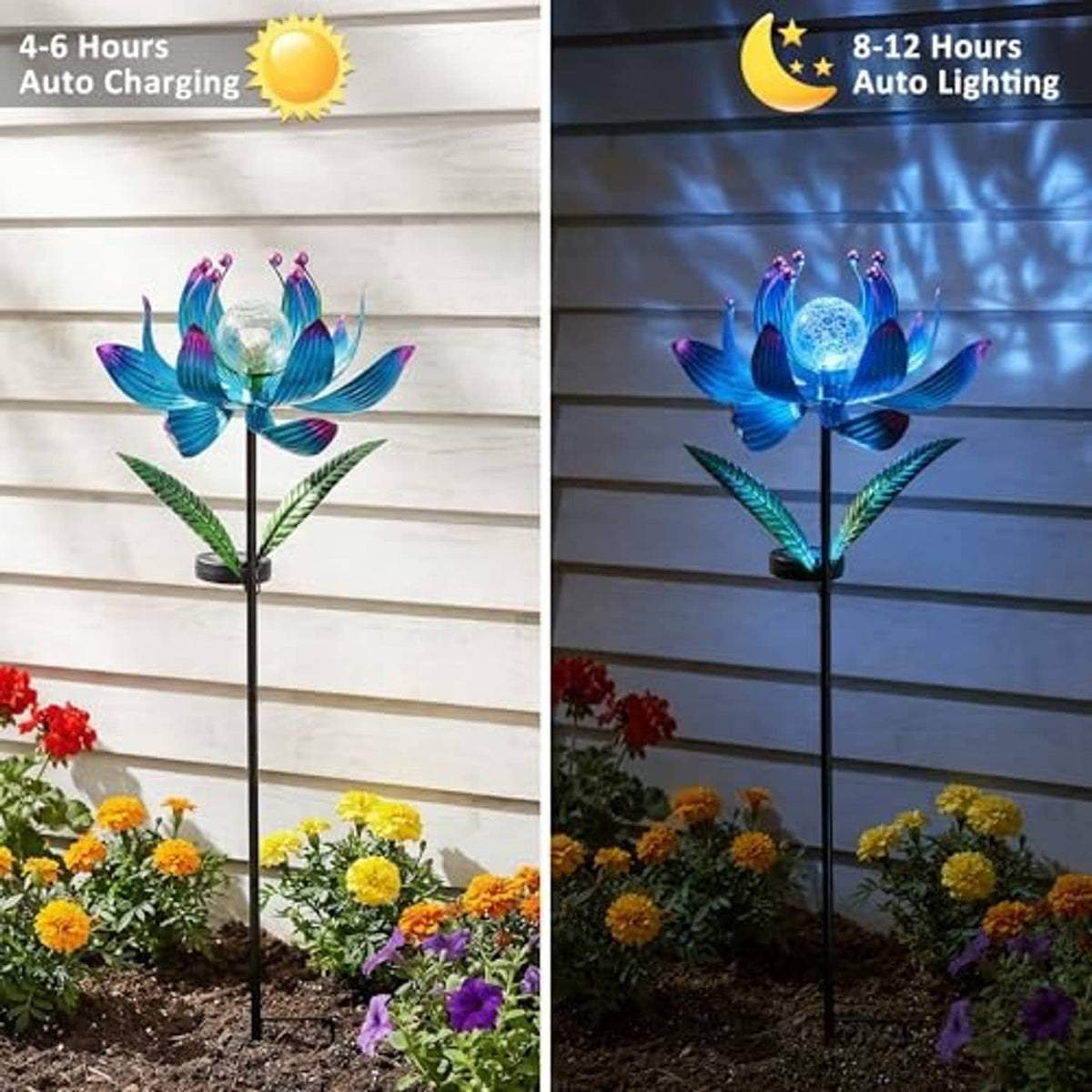 Solar wind spinner lotus on metal ground stake, with glowing globe in outdoor garden