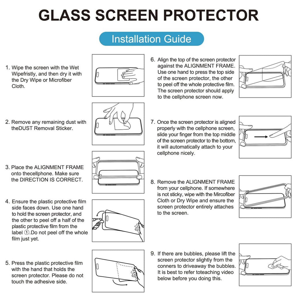 Matte glass screen protector installation steps diagram with alignment frame