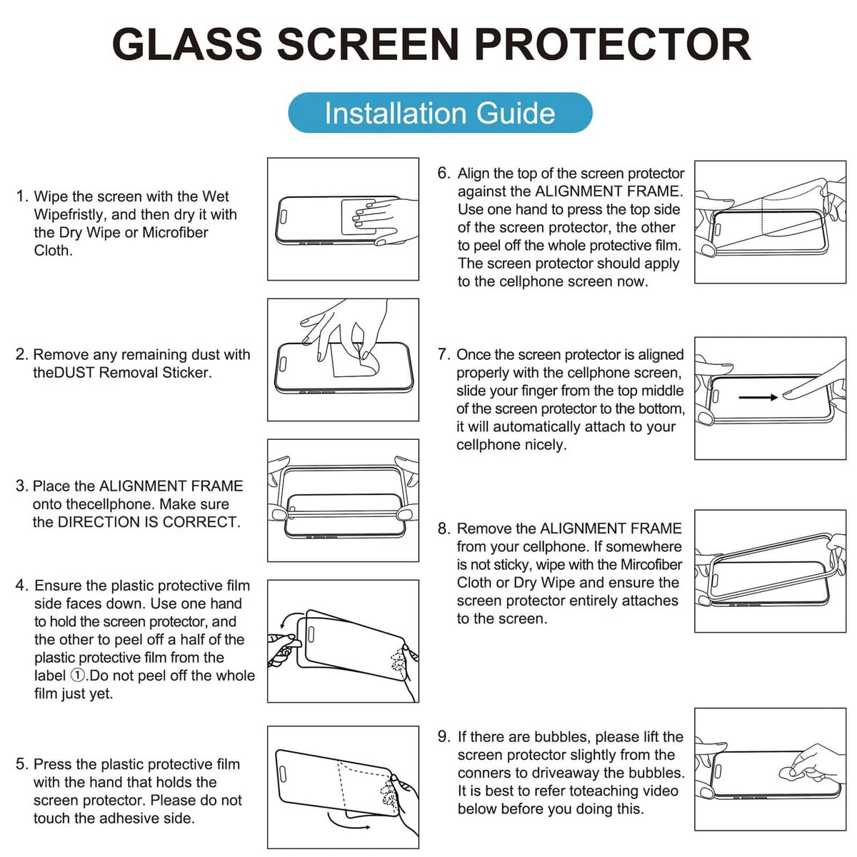 Matte glass screen protector installation steps diagram with alignment frame