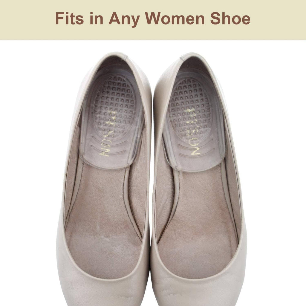 Two shoes with clear silicone gel heel cups fitted into the heel area