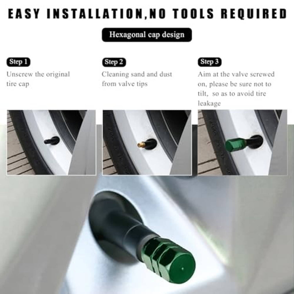 Green tire valve caps shown during installation on valve stem; no tools required