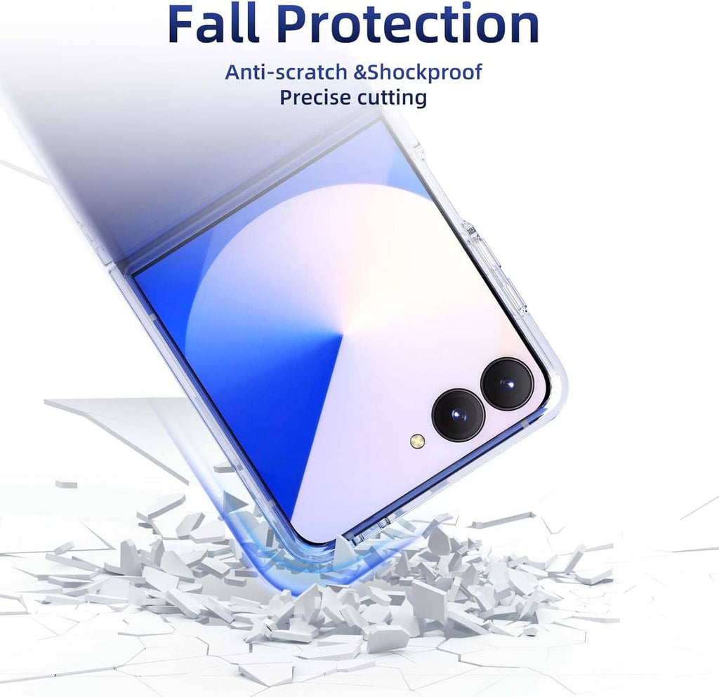 Transparent case with screen protector for Galaxy Z Flip7, angled view, clear protection
