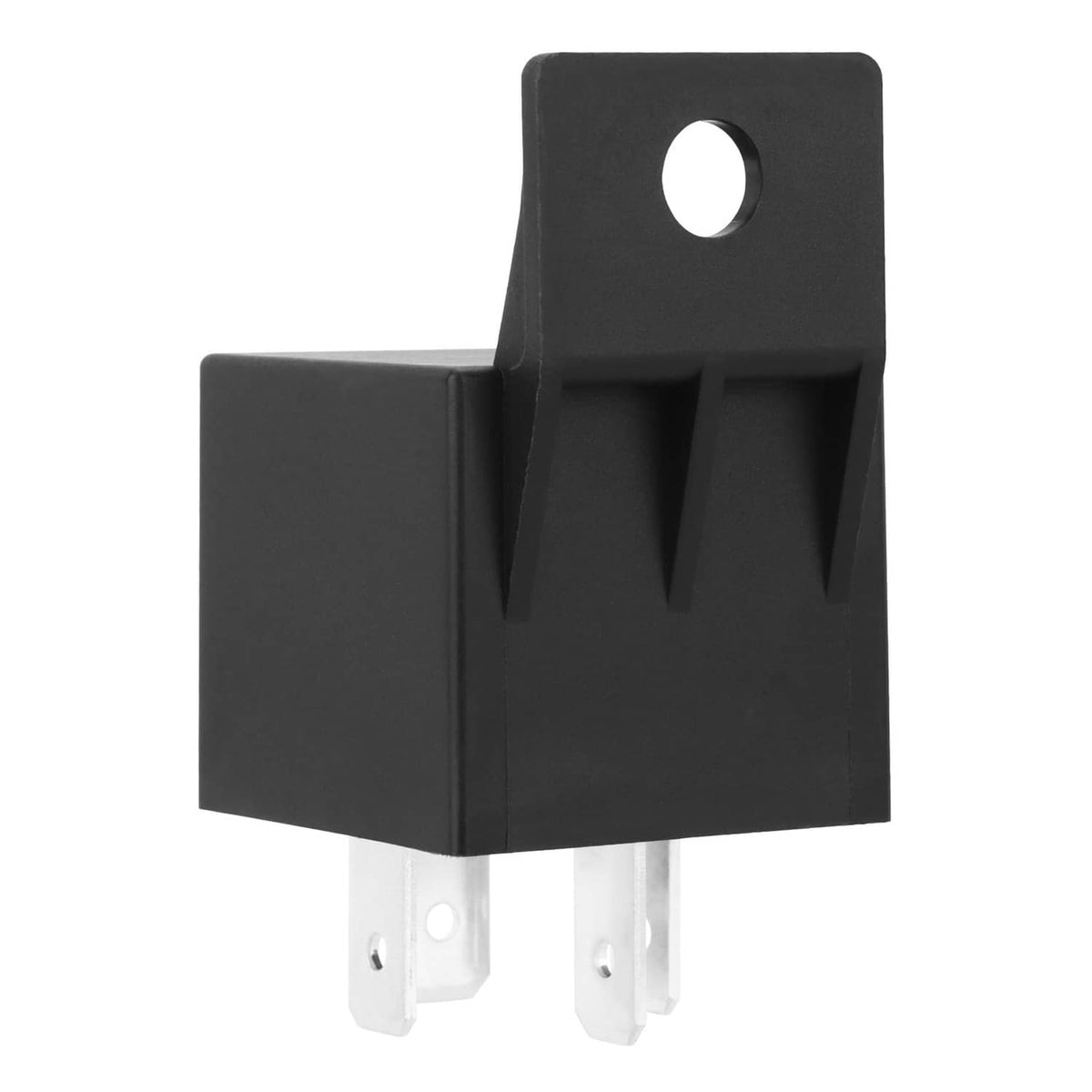 Black 4-pin automotive relay with Weasch top hole and two metal mounting pins