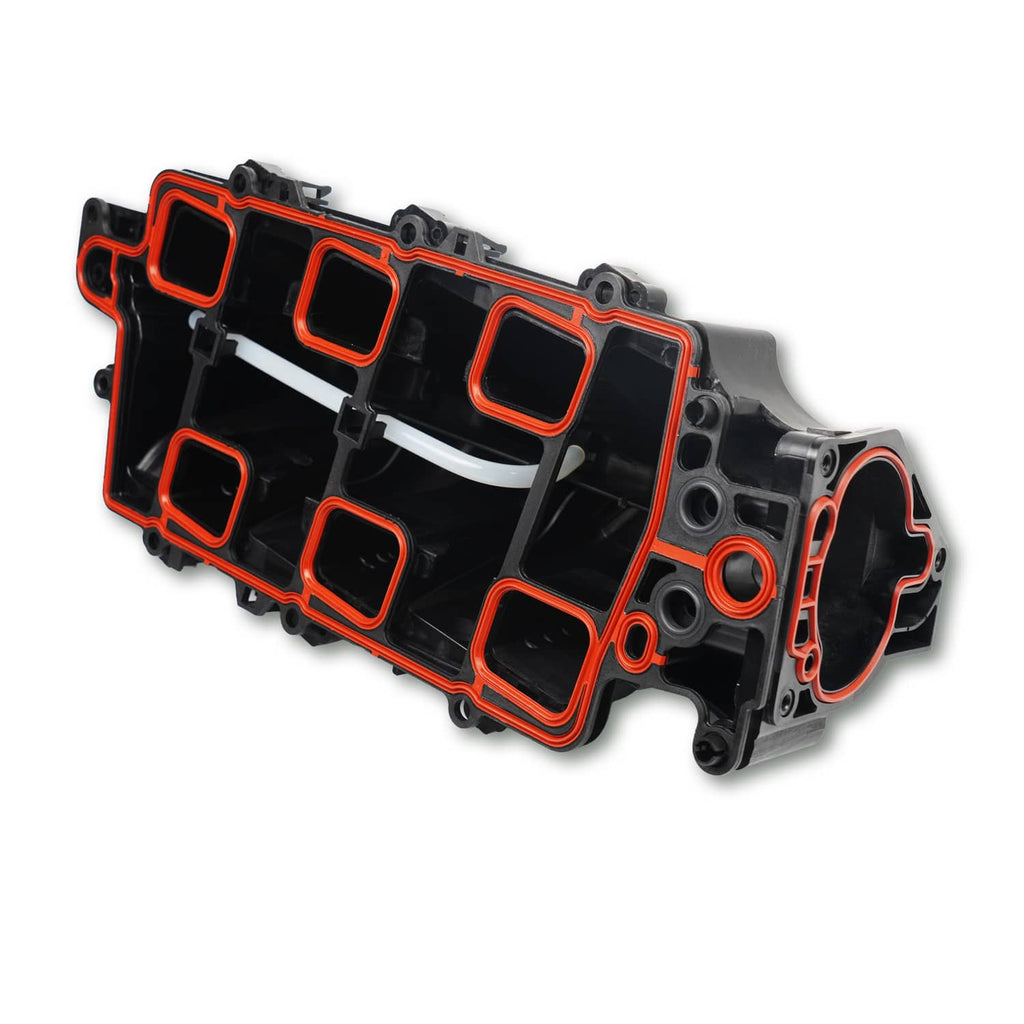 Black upper intake manifold with red-edged gasket ports and flange mounting points