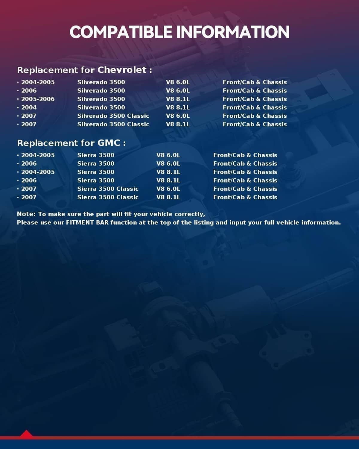 Fuel pump compatible vehicle information list graphic