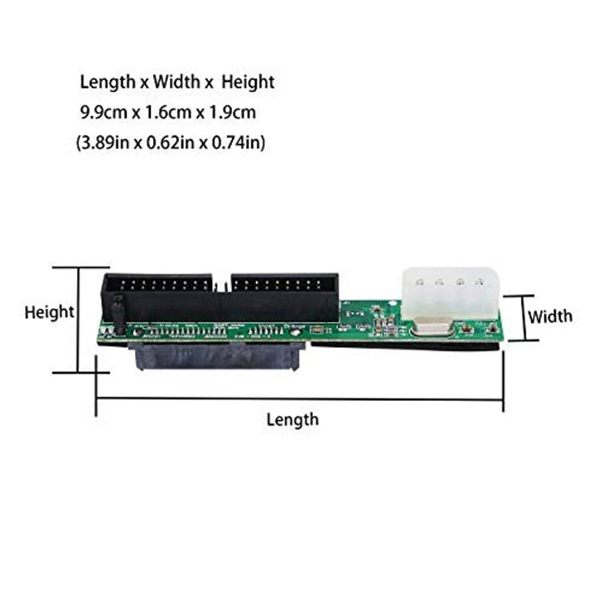 SATA to 40-pin IDE adapter board, side view with white SATA plug and black 40-pin port