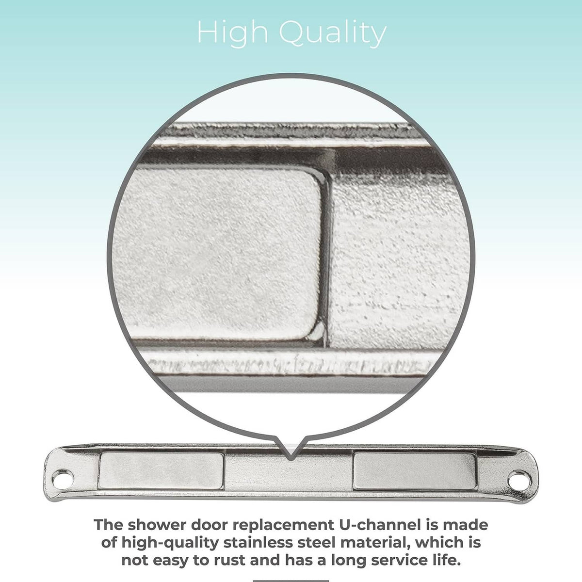 Stainless steel U-channel shower door magnet strip with channel groove detail