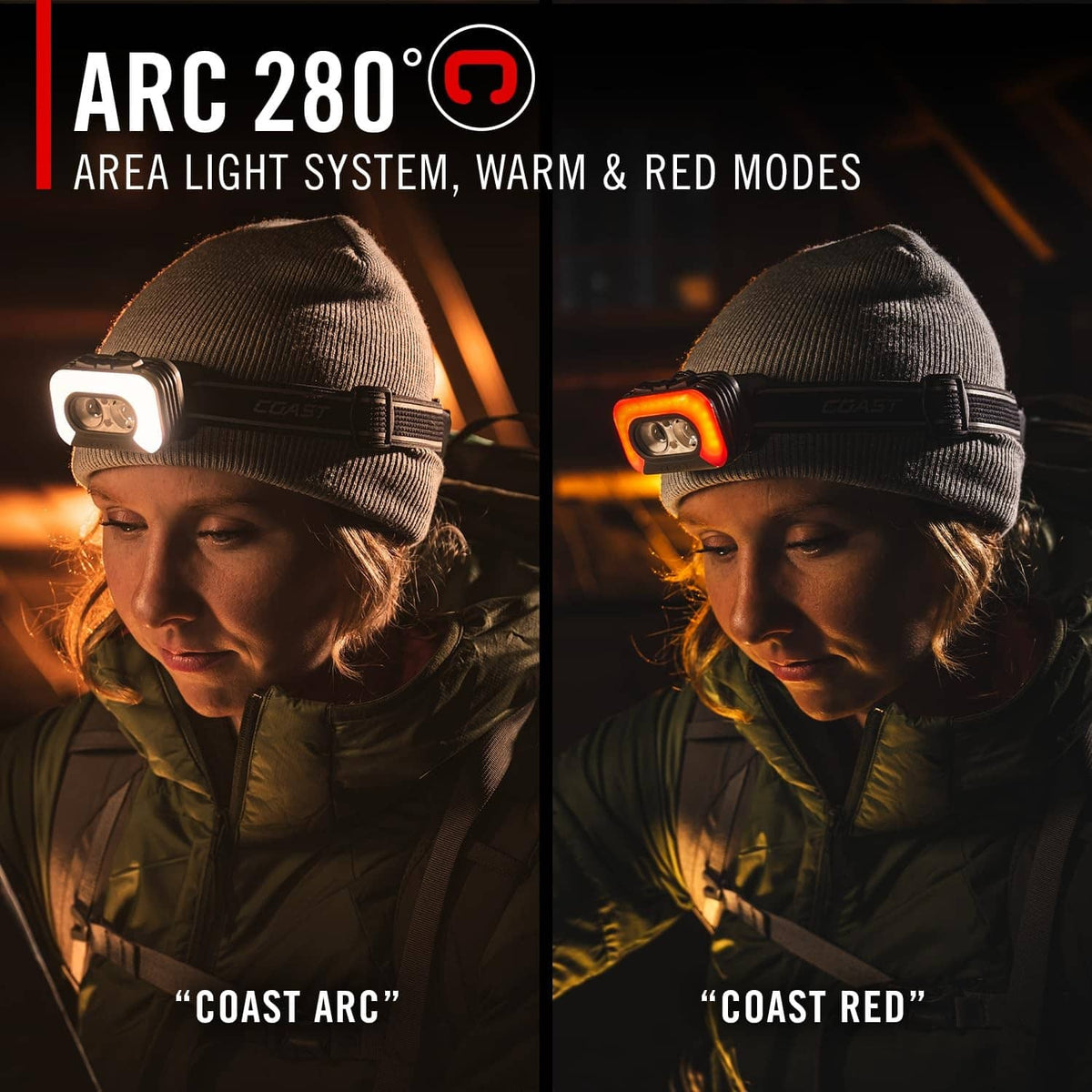 COAST headlamp on knit cap with warm white and red modes on front