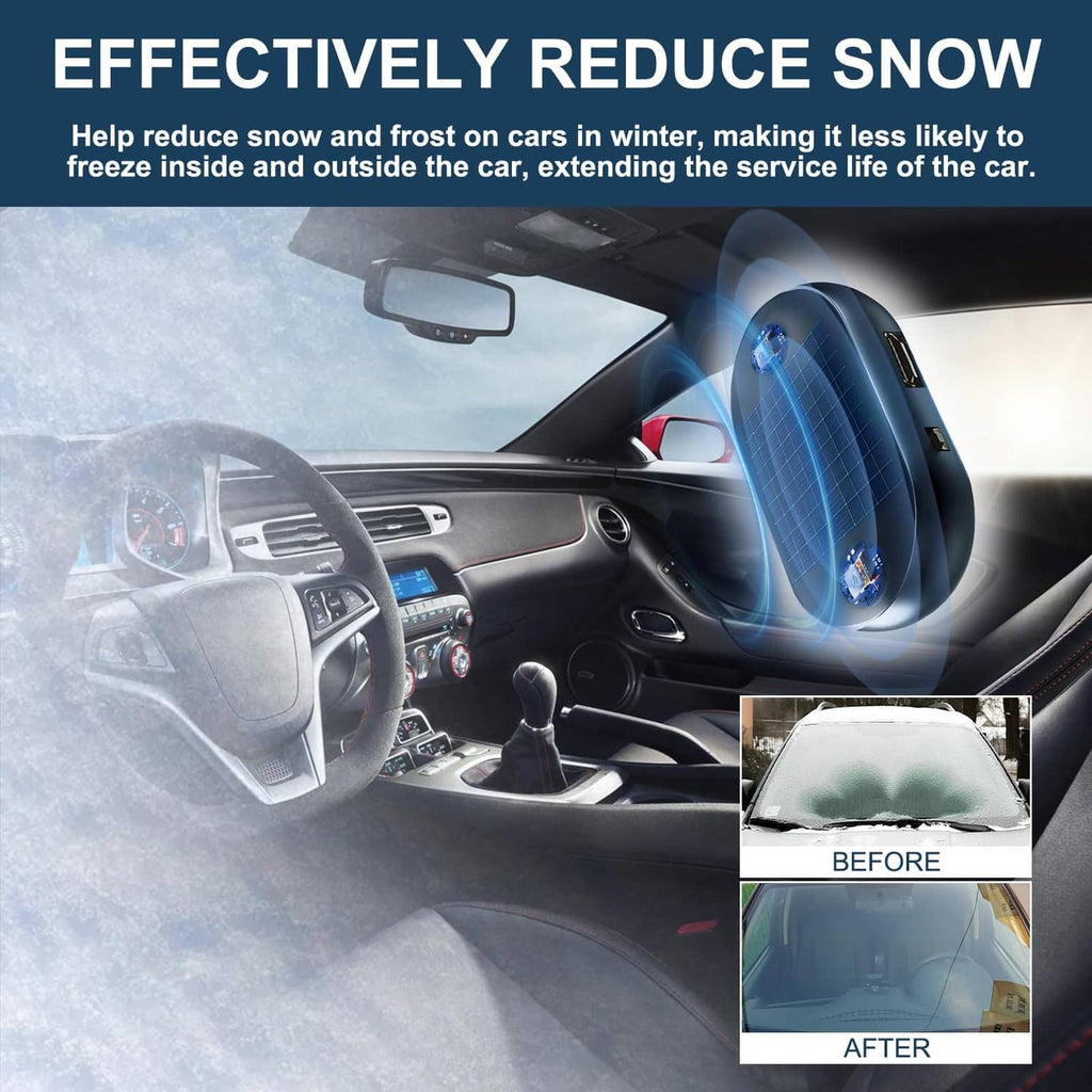 Portable blue car snow reduction device shown on windshield with after/before panels