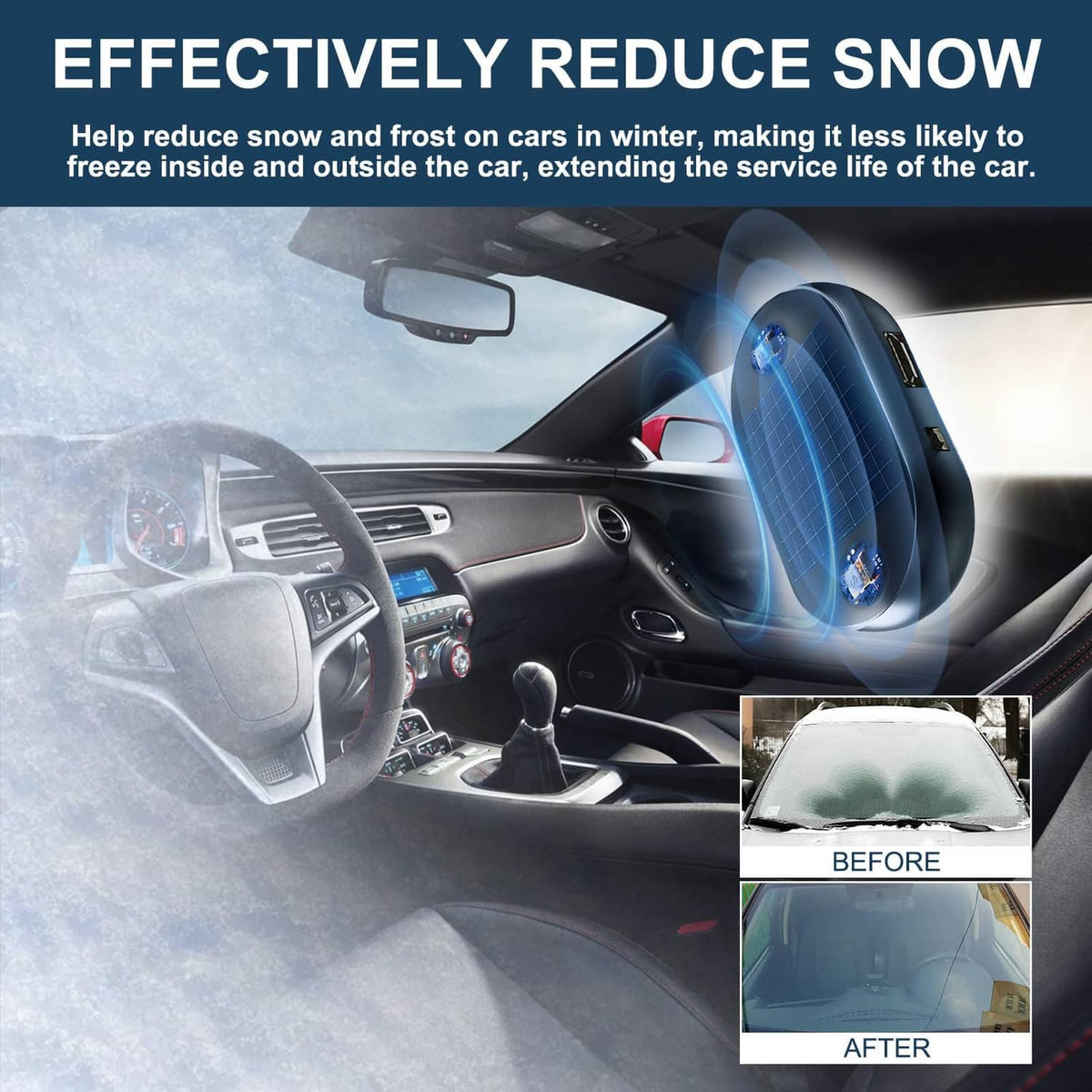 Portable blue car snow reduction device shown on windshield with after/before panels