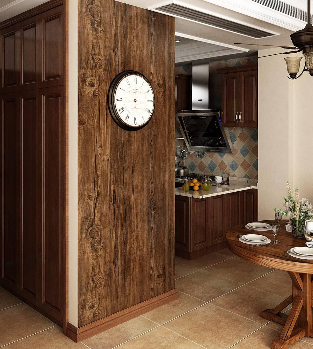 Brown faux wood decorative wall panel with a clock above near kitchen