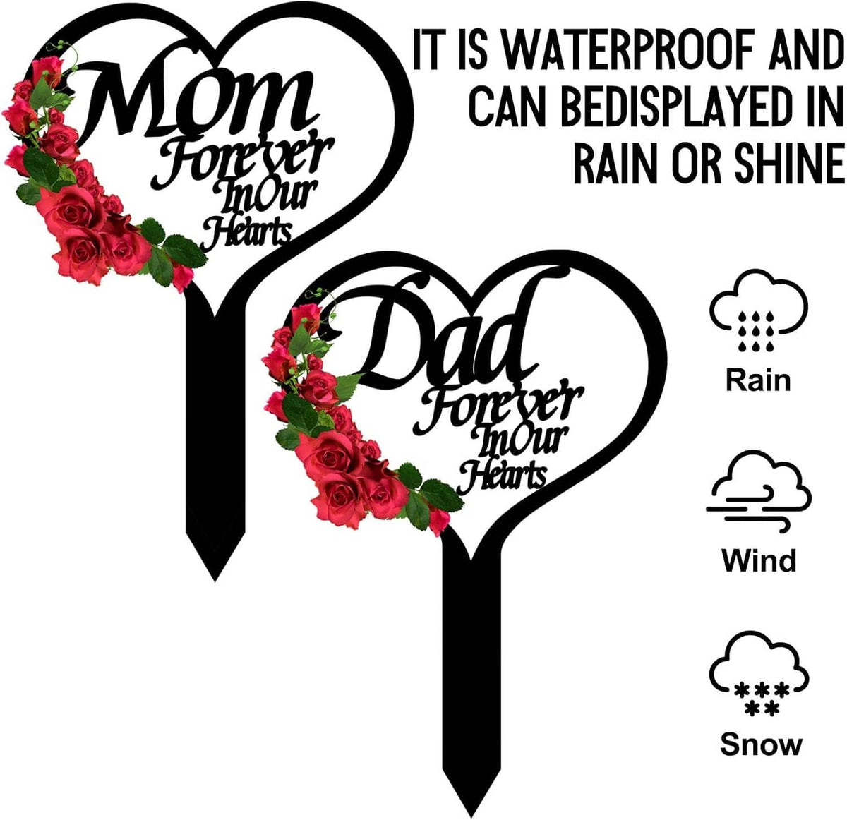 Heart-shaped grave marker stakes for Mom and Dad with red roses and Forever in Your Hearts